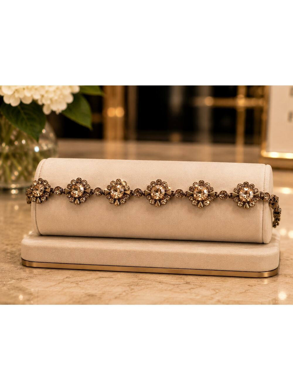 Vintage Signed Monet Gold Tone Champagne Rhinestone Floral Link Bracelet 7.5"